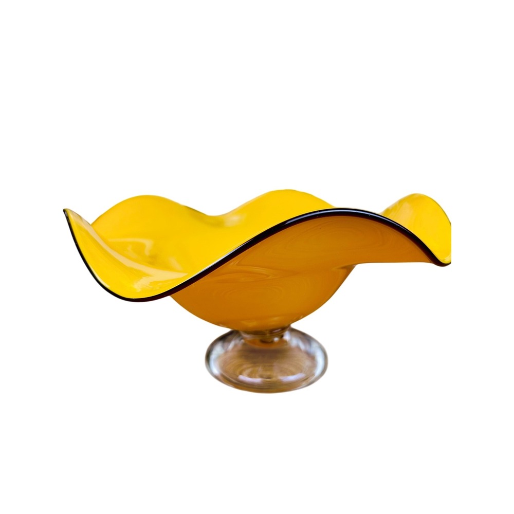 Vintage Yellow Art Glass Ruffled Wide Rim Pedestal Compote Bowl MCM Style